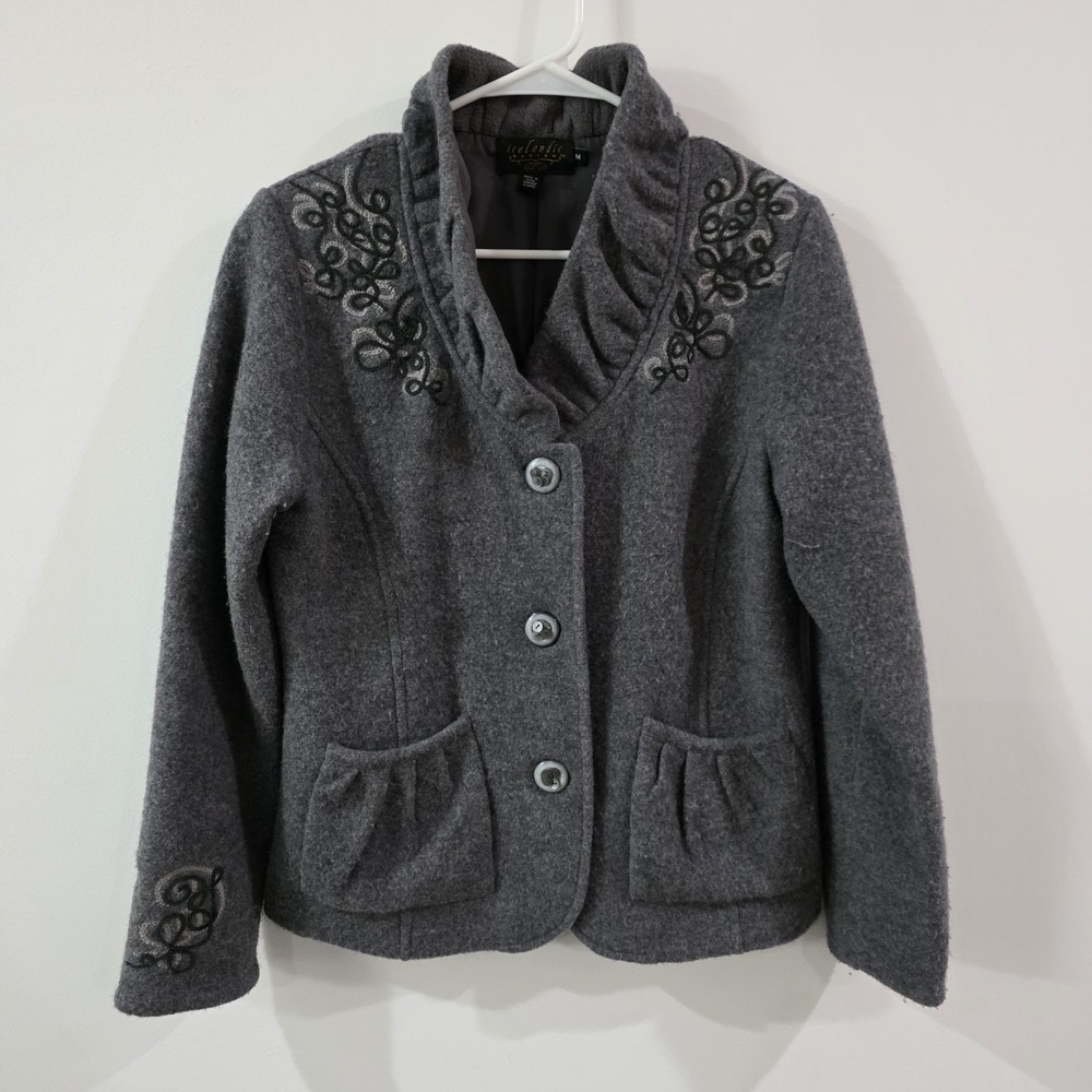 Icelandic Design Womens Wool Jacket Size Medium Elegant Old Money Embroidered